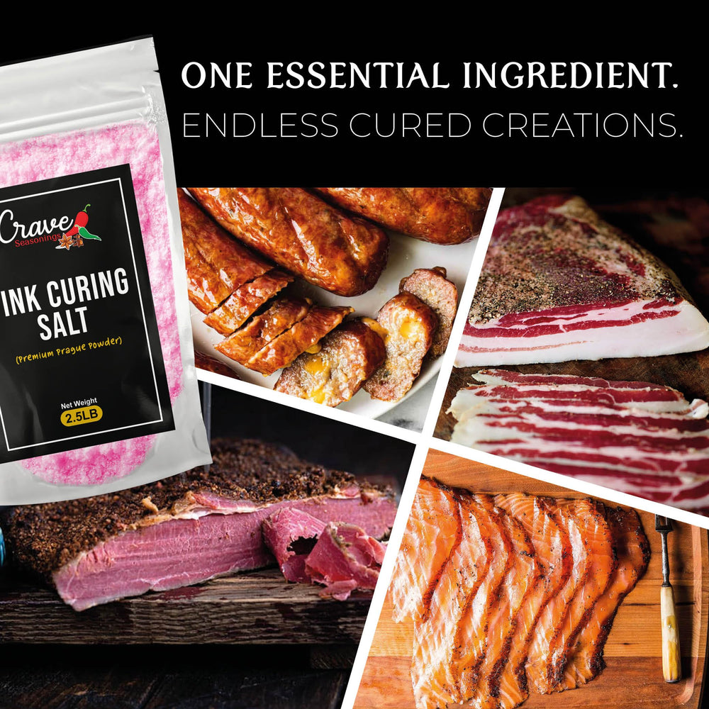 Crave Pink Curing Salt #1 made in USA packaging emphasizes quality and freshness