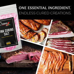 Crave Pink Curing Salt #1 made in USA packaging emphasizes quality and freshness
