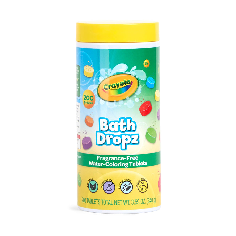 Crayola Bath Dropz tablet dissolves in tub creating vibrant color for kids' bath time