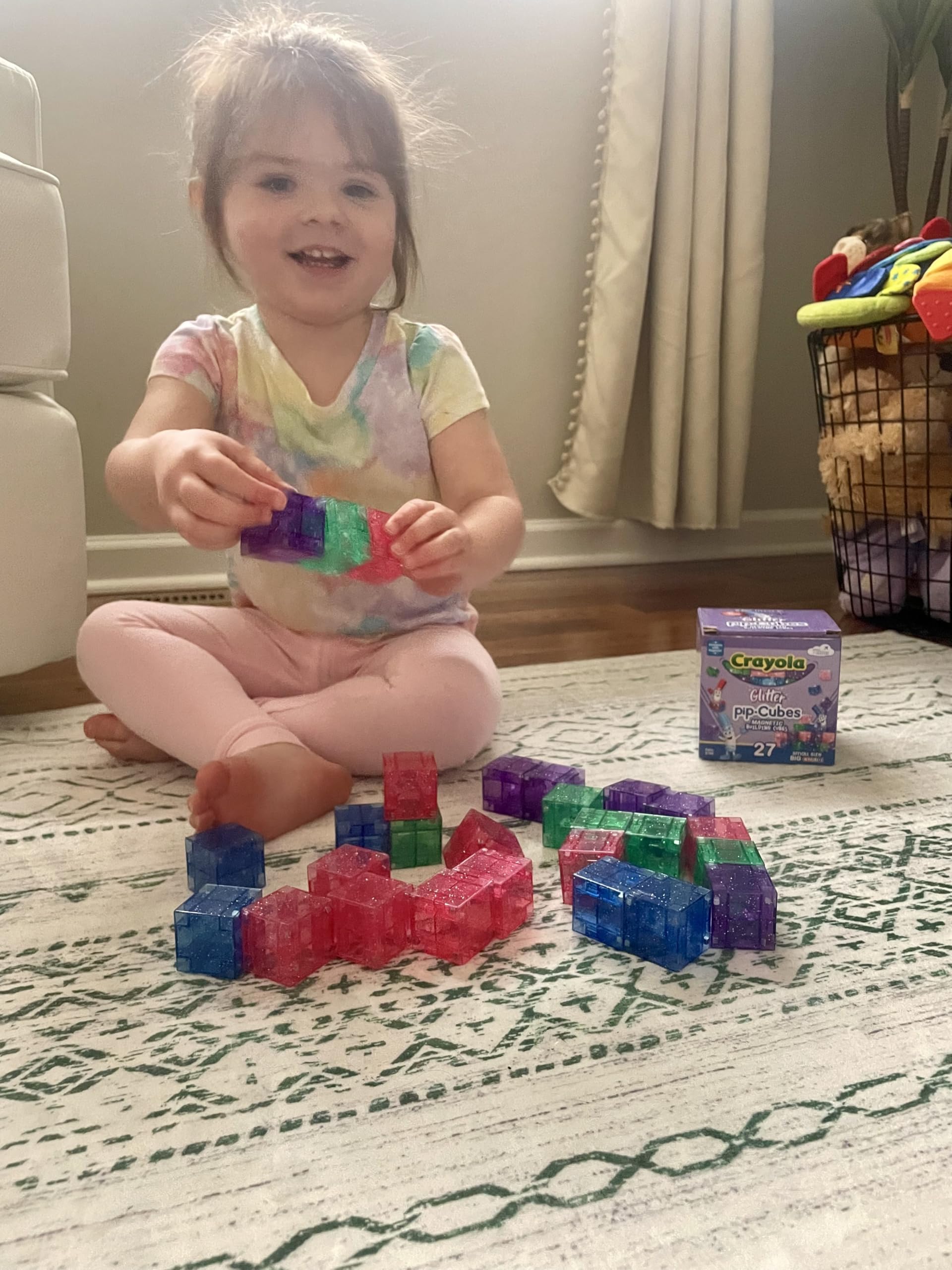 Crayola Glitter PIP Cubes closeup shows vibrant colors and easy-grip blocks for little hands