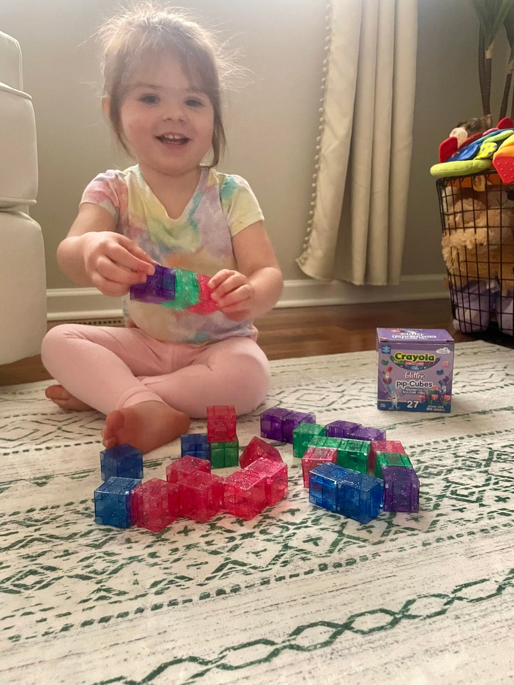 Crayola Glitter PIP Cubes closeup shows vibrant colors and easy-grip blocks for little hands