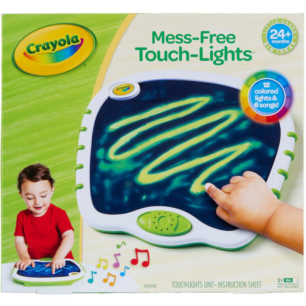 Crayola Toddler Touch Lights reveals 12 colors lighting up every doodle for visual fun.