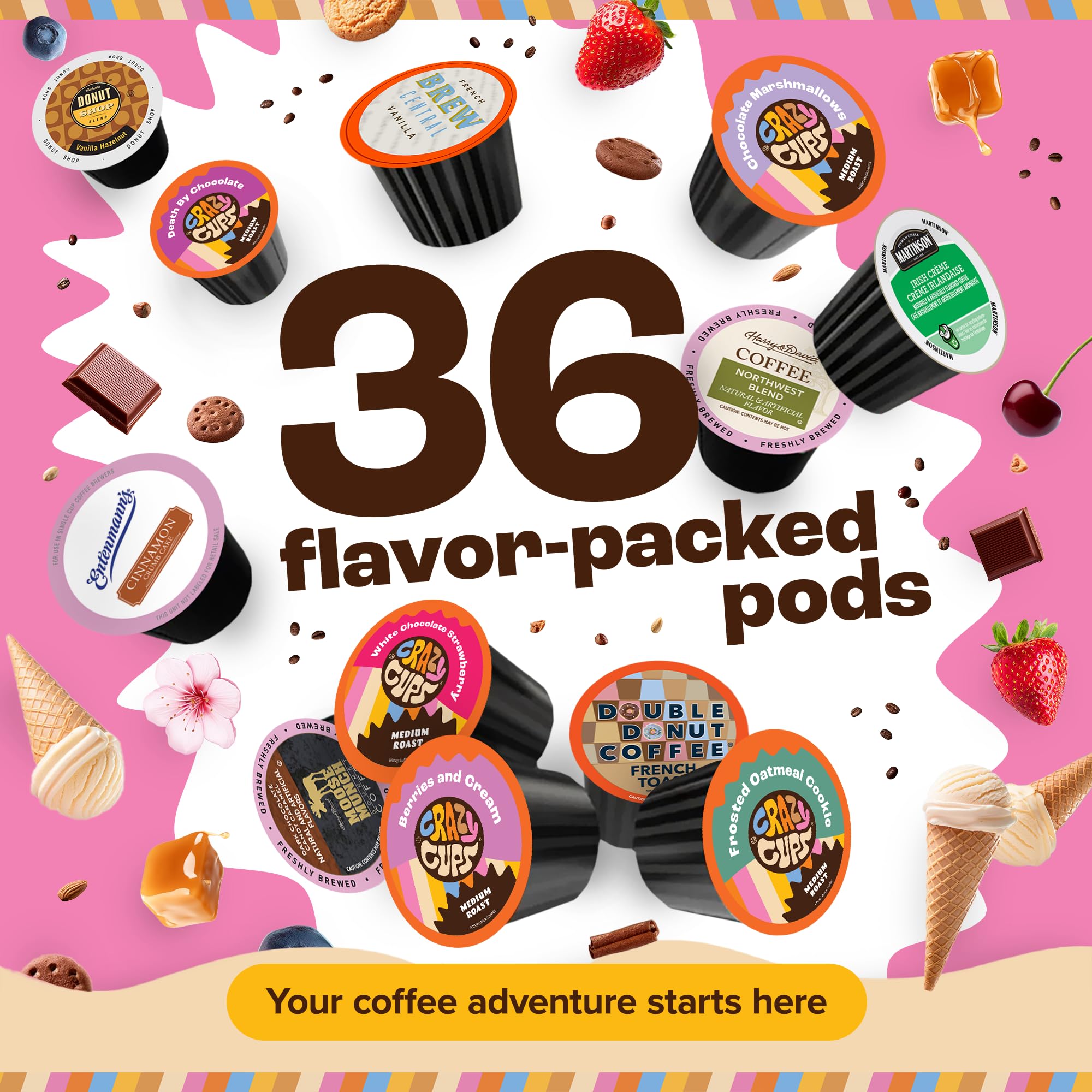 Crazy Cups 36-count sampler pack for Keurig, convenient daily flavor options.