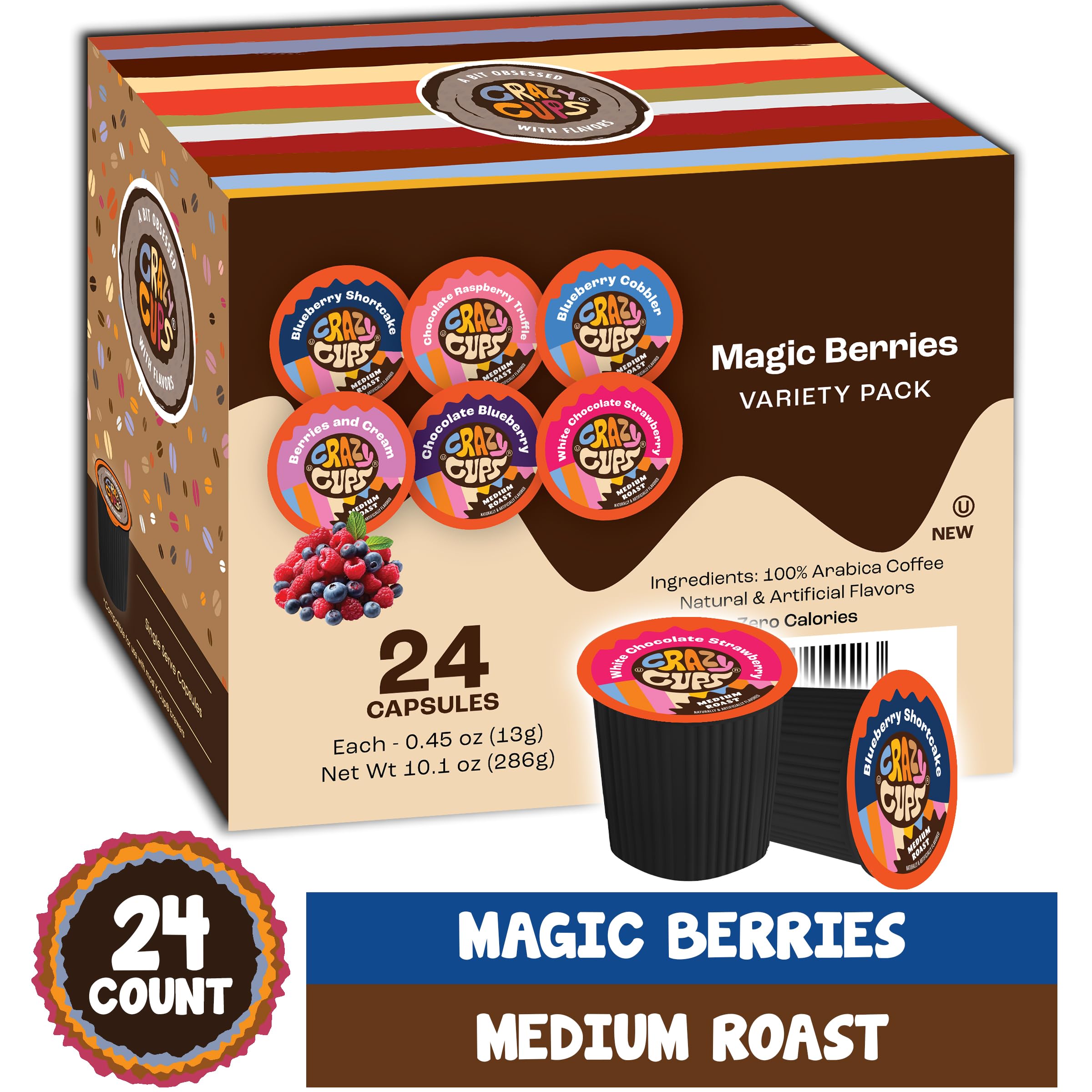 Crazy Cups berry flavors box showcase of assorted pods for refreshing iced coffee.
