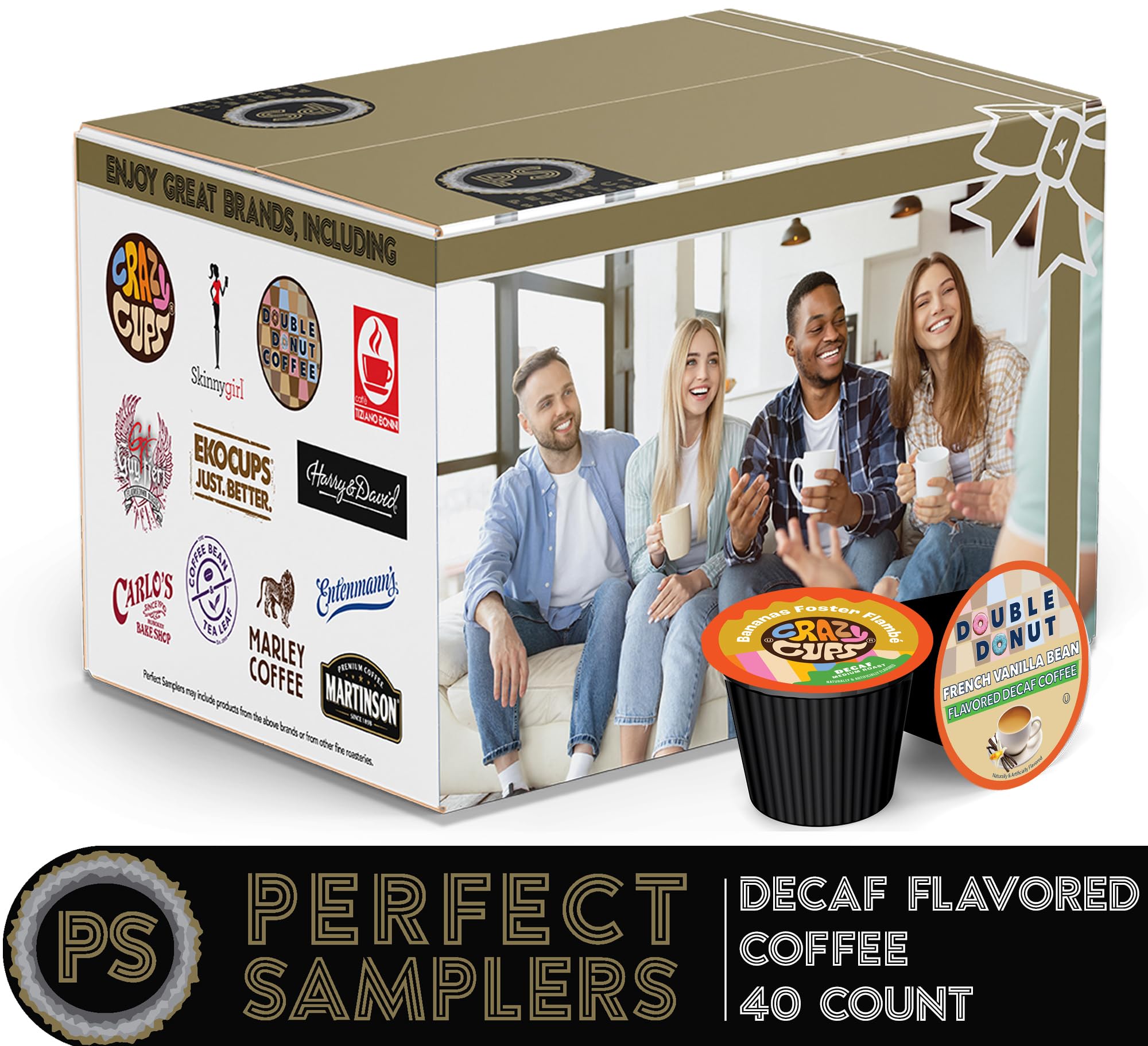Crazy Cups decaf flavor assortment labels showcase vanilla, hazelnut, and chocolate notes.