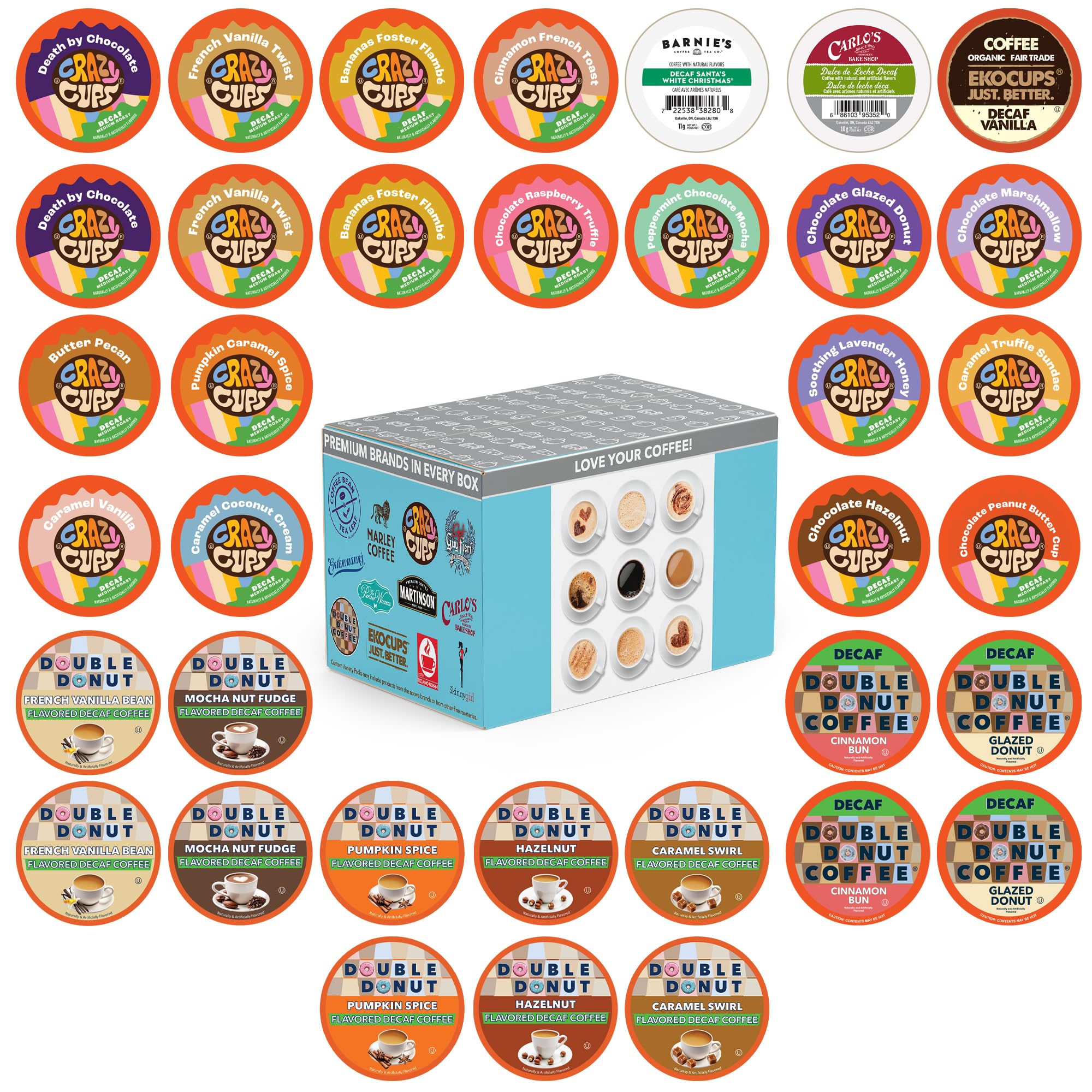 Crazy Cups flavored decaf coffee pods 36-count display showing variety and aroma.