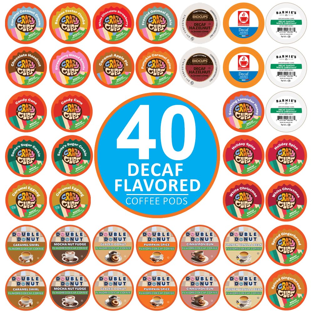 Crazy Cups flavored decaf pods in a 40-count box front for easy daily tasting.