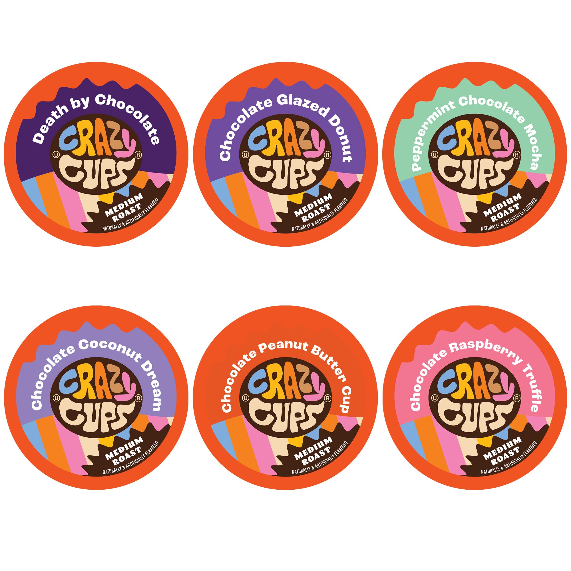 Crazy Cups variety-pack of medium roast chocolate coffee pods, ideal for easy flavor sampling