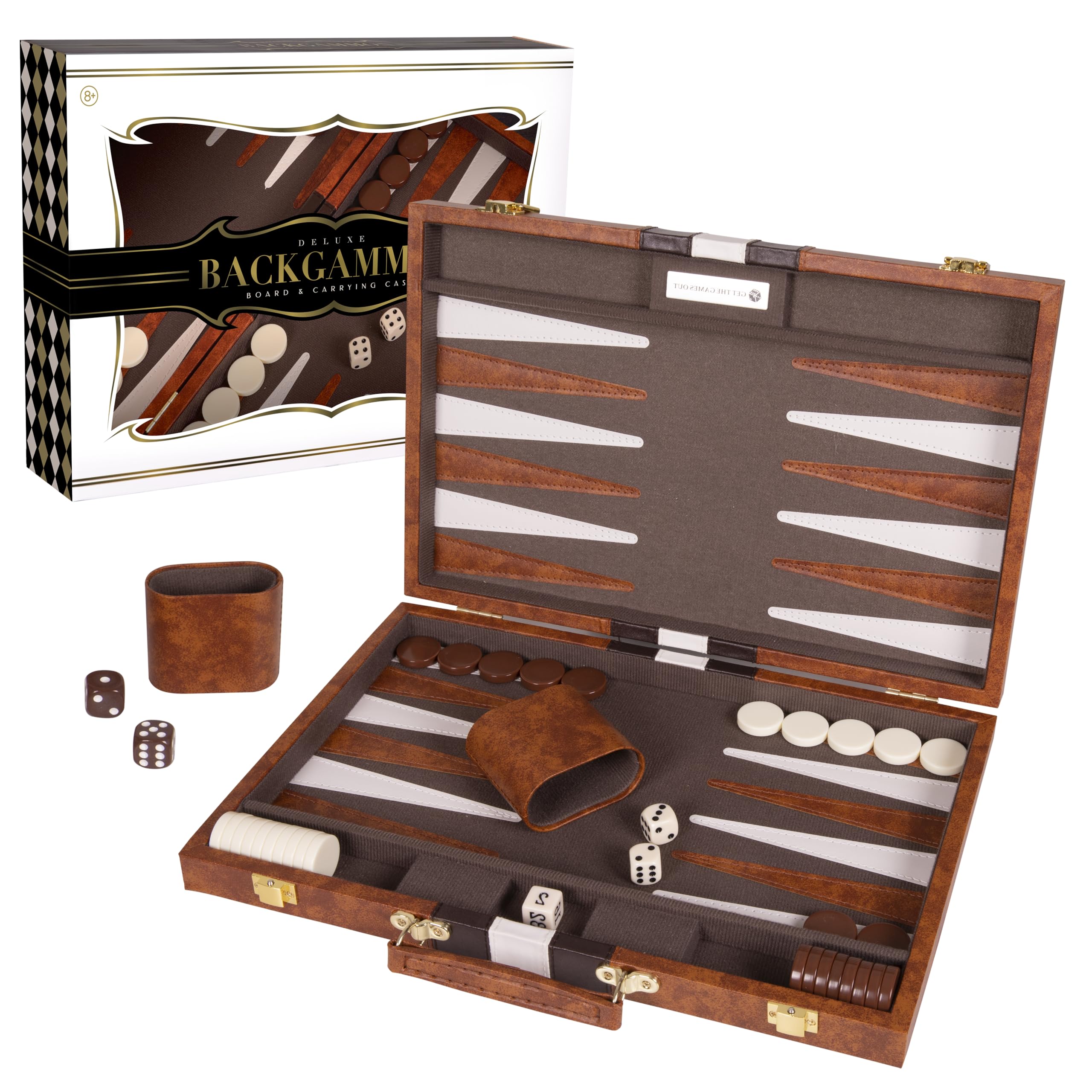 Crazy Games premium backgammon board, 15-inch leatherette surface, ideal for family game night.