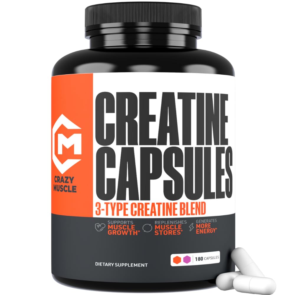 Crazy Muscle Creatine Capsules bottle front highlights ThreeAtine blend for workouts