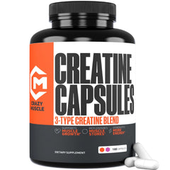 Crazy Muscle Creatine Capsules bottle front highlights ThreeAtine blend for workouts