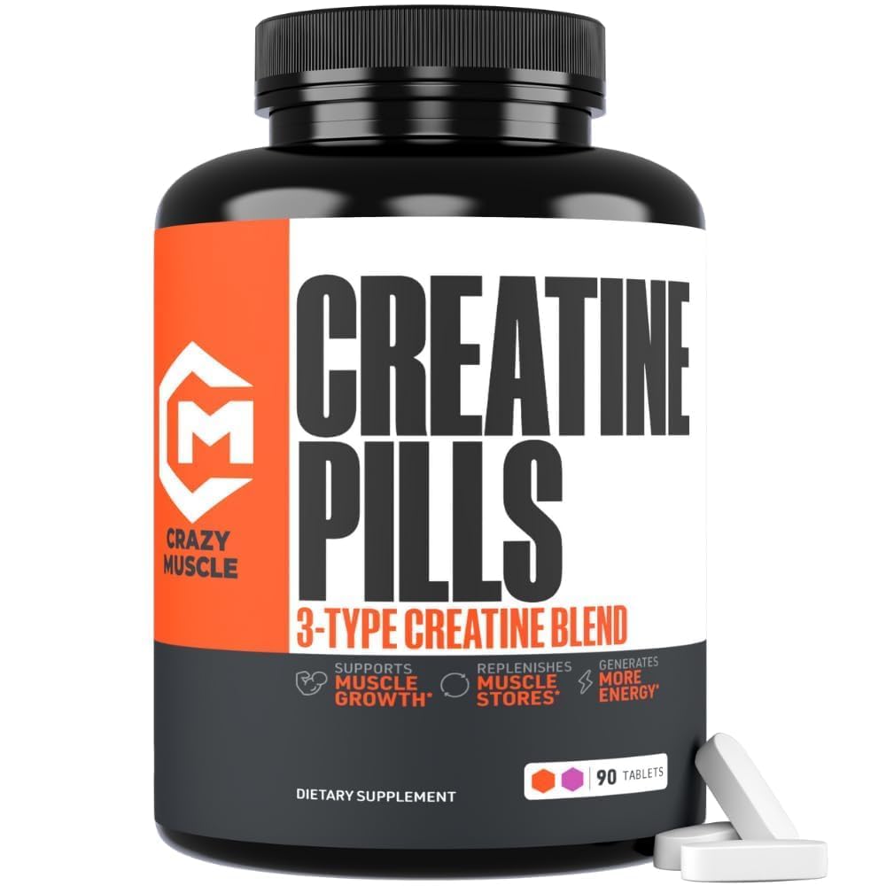Crazy Muscle Three-atine pills bottle showing convenient high absorption creatine for workouts