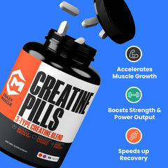 Crazy Muscle Three-atine pills closeup highlighting tablet quality for training