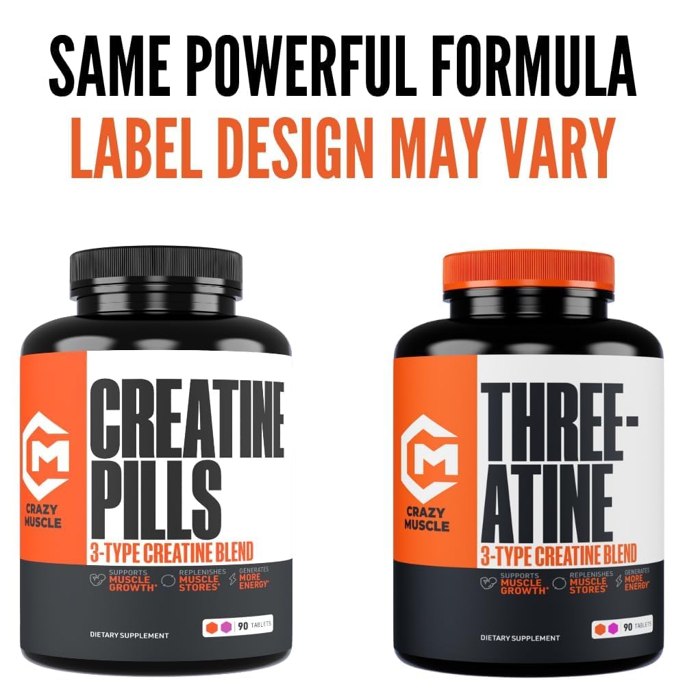 Crazy Muscle Three-atine pills icon highlights vegetarian and allergen free formula