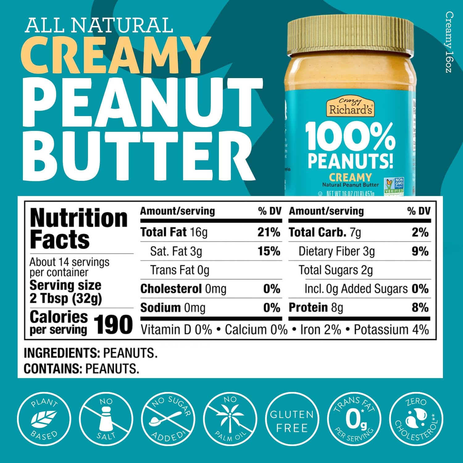 Crazy Richard's creamy peanut butter jar, silky spread for toast and recipes.