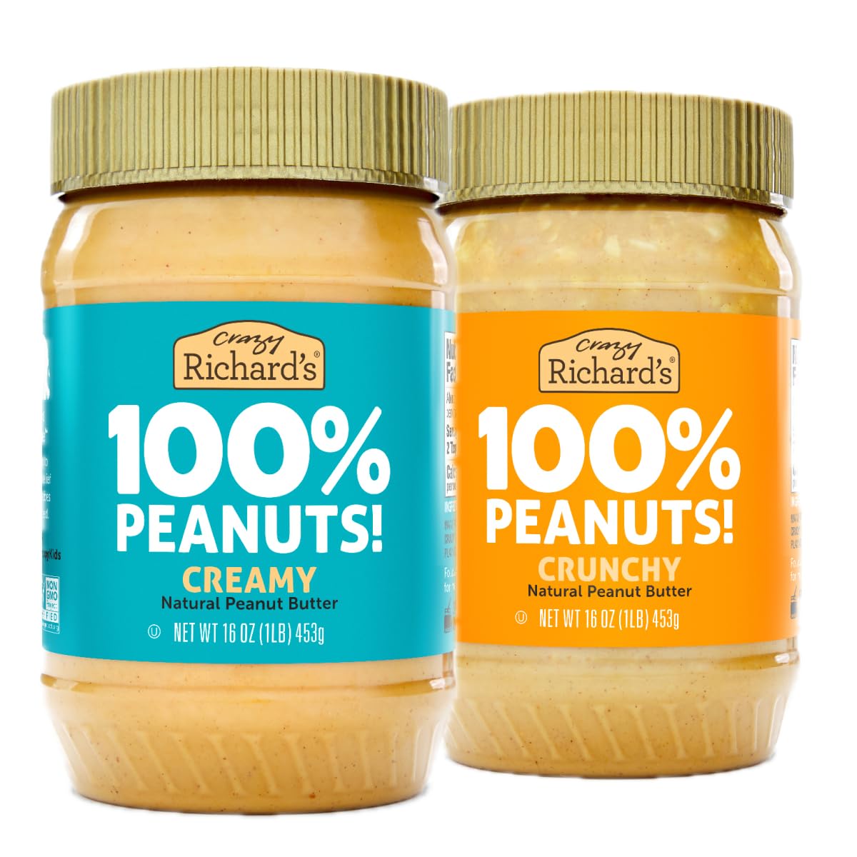 Crazy Richard's crunchy peanut butter jar with visible peanut pieces, ideal for topping oats.