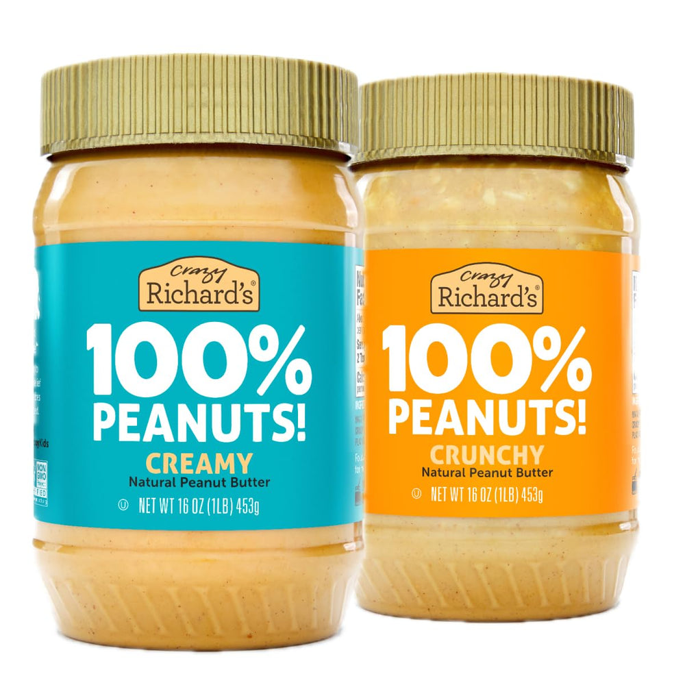 Crazy Richard's crunchy peanut butter jar with visible peanut pieces, ideal for topping oats.