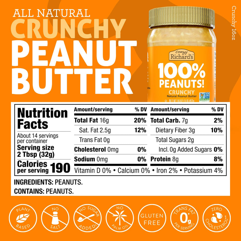 Crazy Richard's no added sugar peanut butter, wholesome flavor for snacks.