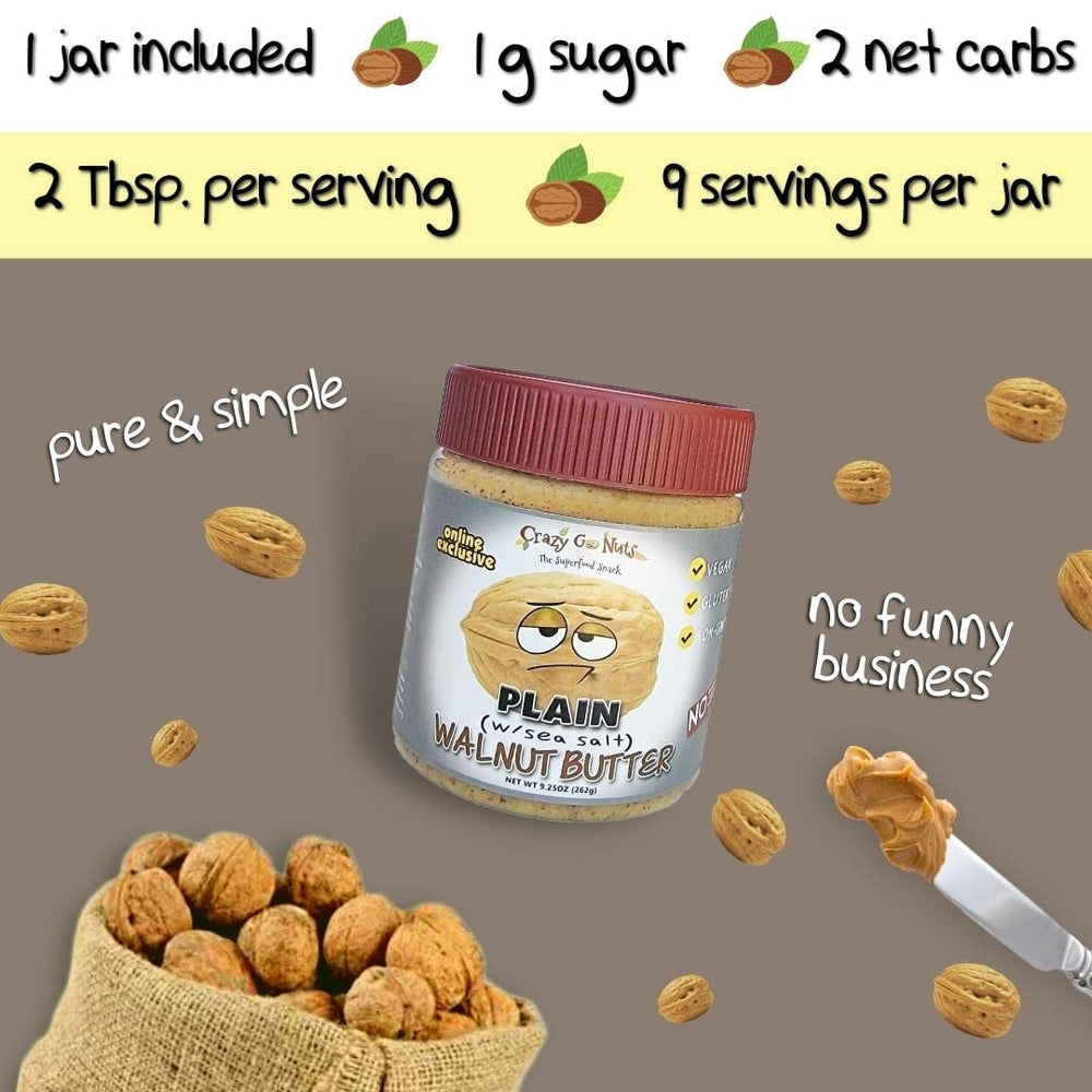 Close-up label of CrazyGoNuts Walnut Butter Plain Sea Salt showing simple ingredients