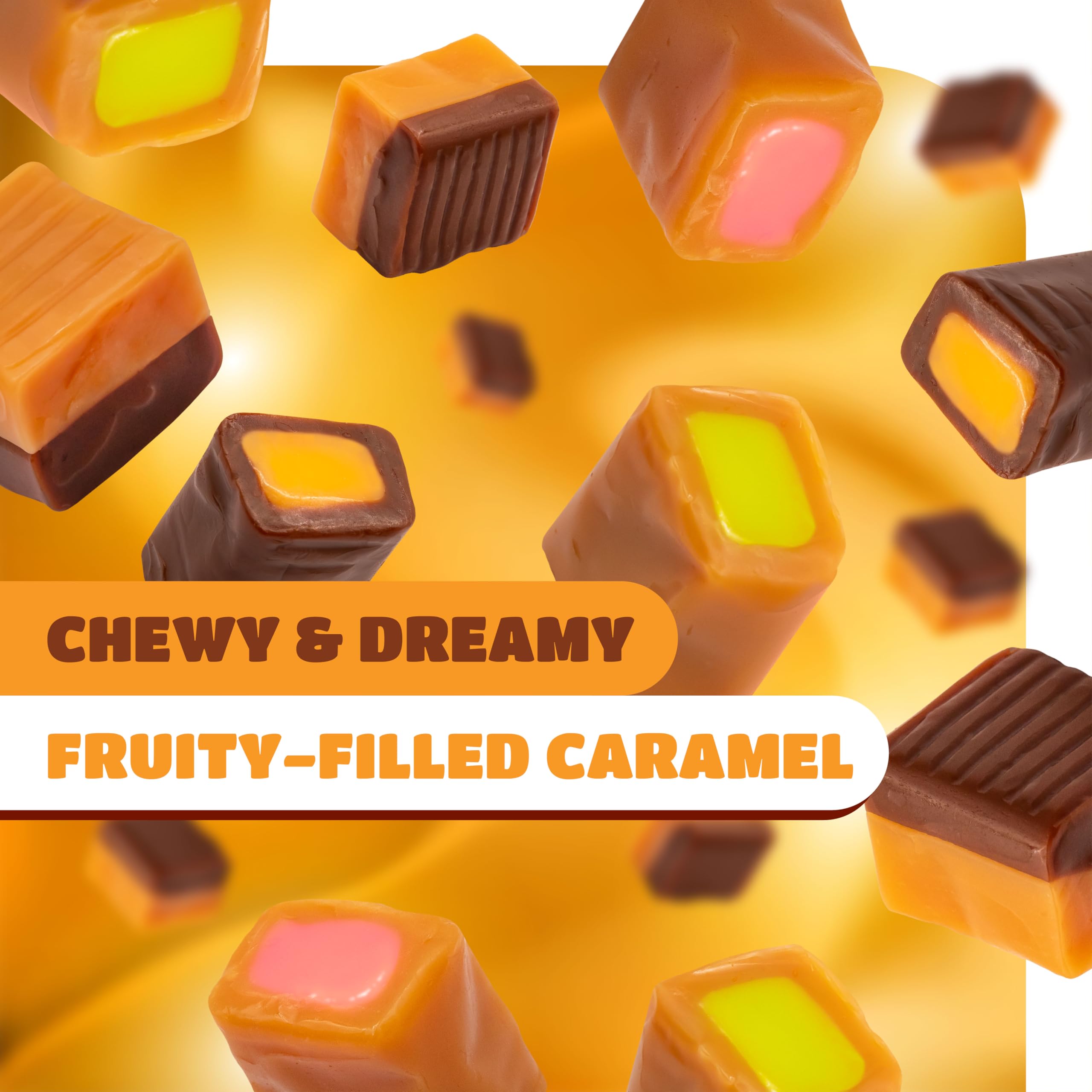 CrazyOutlet chocolate-vanilla filled caramels provide decadent richness in each cube.