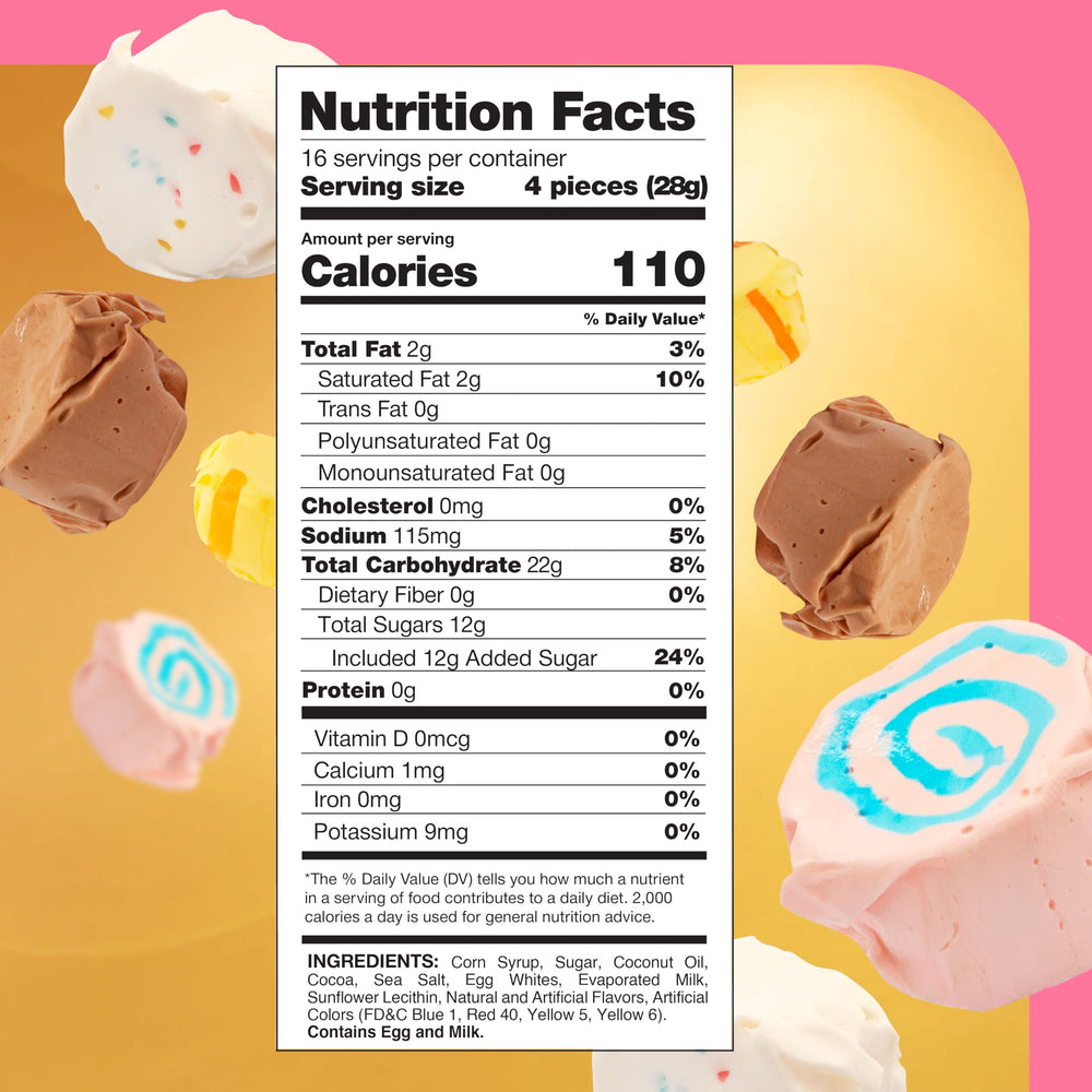 Salt Water Taffy assorted flavors banana, chocolate, frosted cupcake, cotton candy.