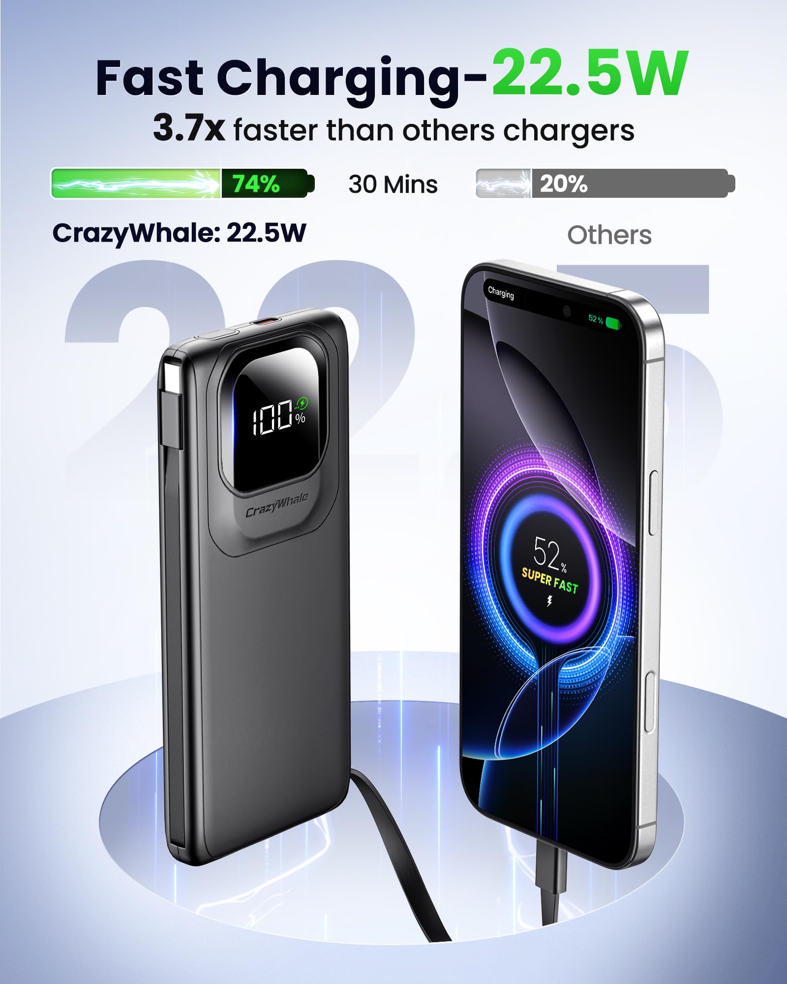 LED display shows battery level for quick power checks.
