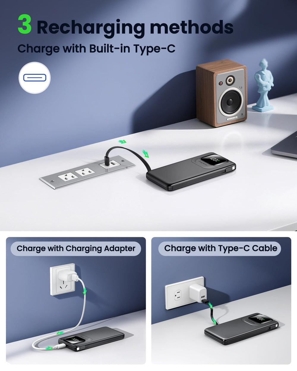 Integrated USB C and iPhone cables streamline charging anywhere.