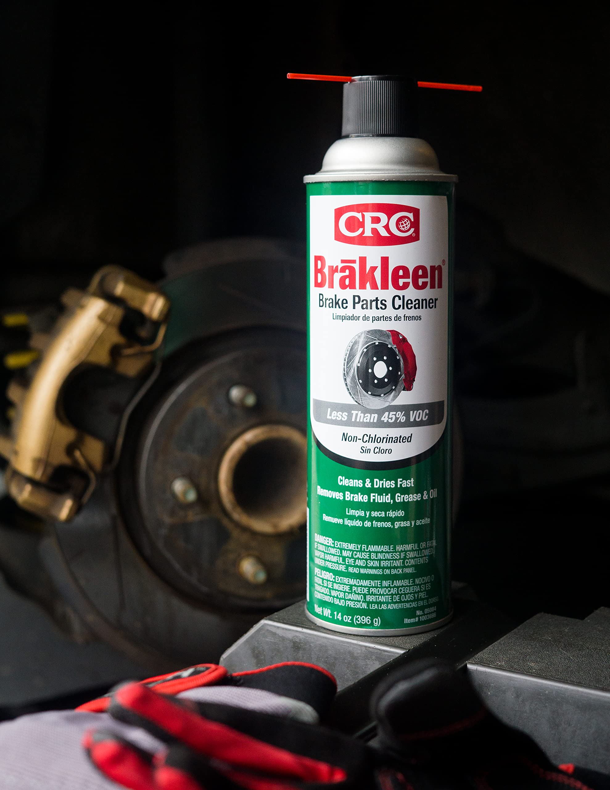 CRC Brakleen spray on brake parts removes grease and oil.