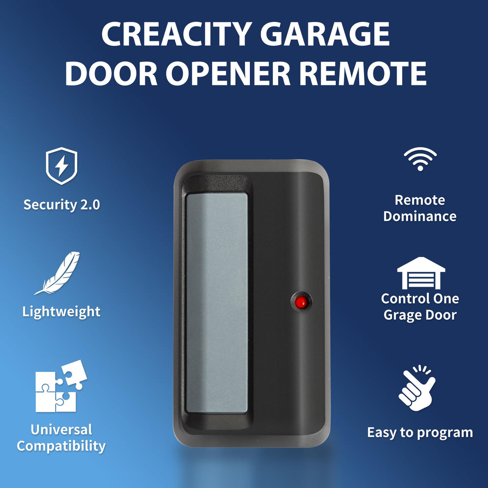 CreaCity universal remote side view, robust rolling-code security for safer garage access.