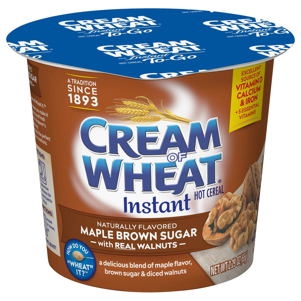 Cream of Wheat To-Go Cups packaging featuring Maple Brown Sugar Walnut for a convenient breakfast.