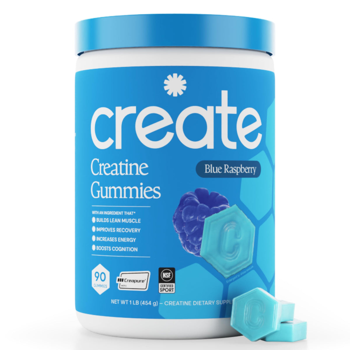 Create blue raspberry gummies bottle highlighting 1.5g Creatine Monohydrate for workouts