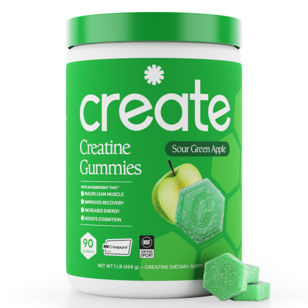 Create Creatine Monohydrate Gummies orange bottle boosts focus and endurance for active days.