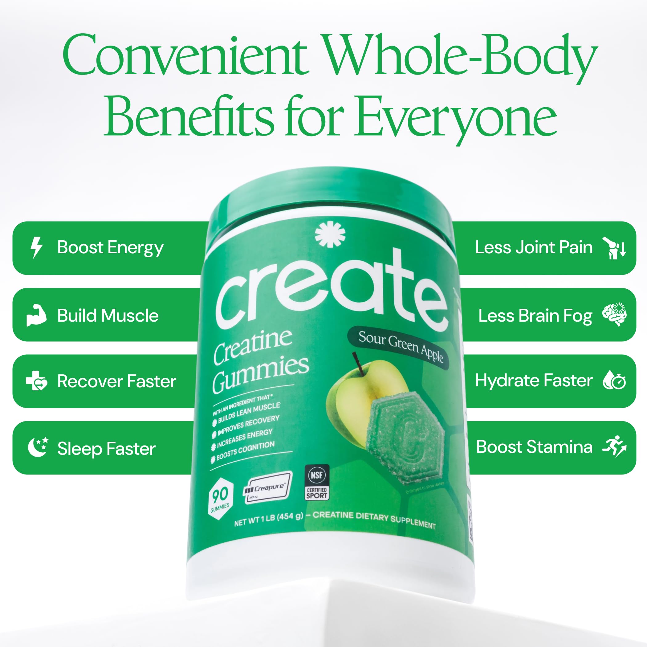 Vegan, gluten-free badge on Create Gummies highlighting dietary compatibility.
