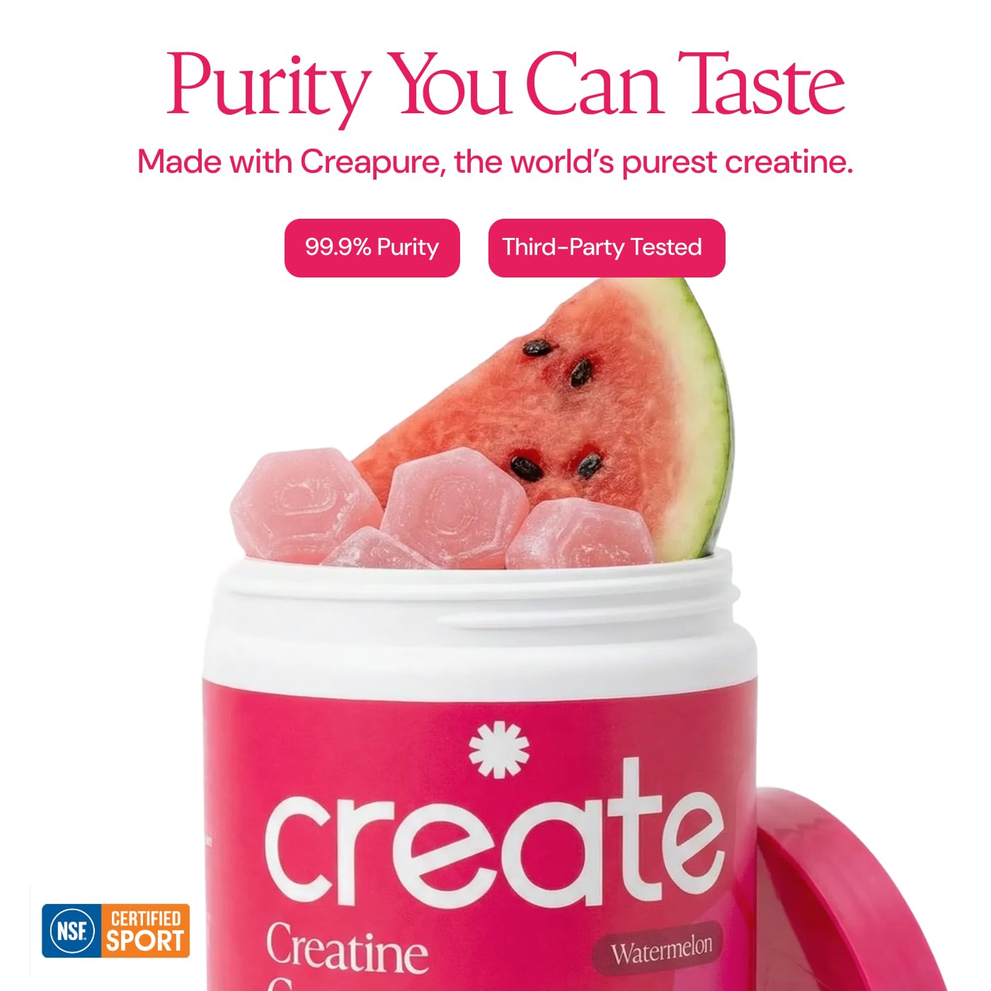 Create Creatine Monohydrate Gummies vegan and purity badges on package