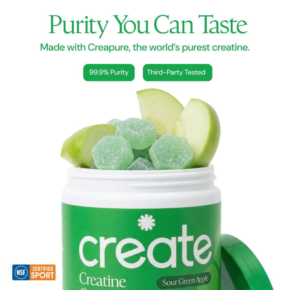 Workout-snack scene featuring Create Gummies with orange flavor.