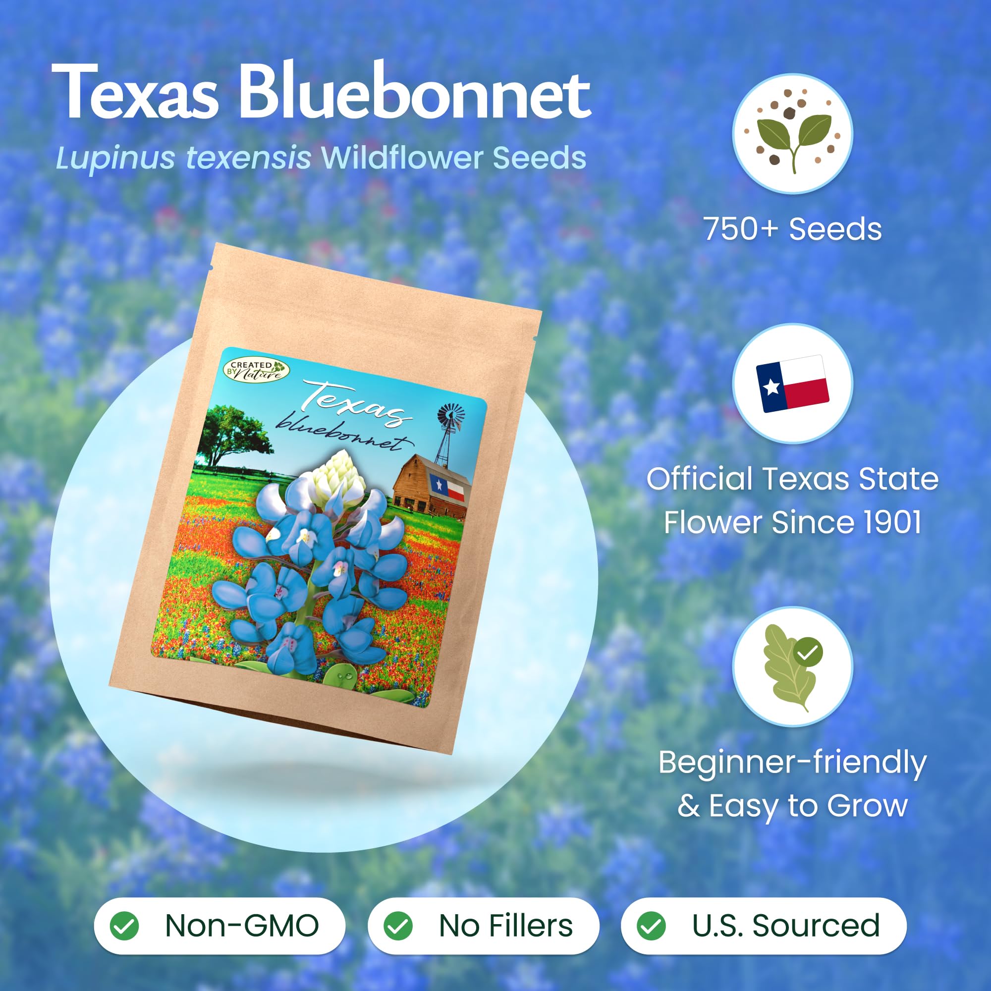 Created By Nature bluebonnet seeds soak-before-plant tip to ease germination.