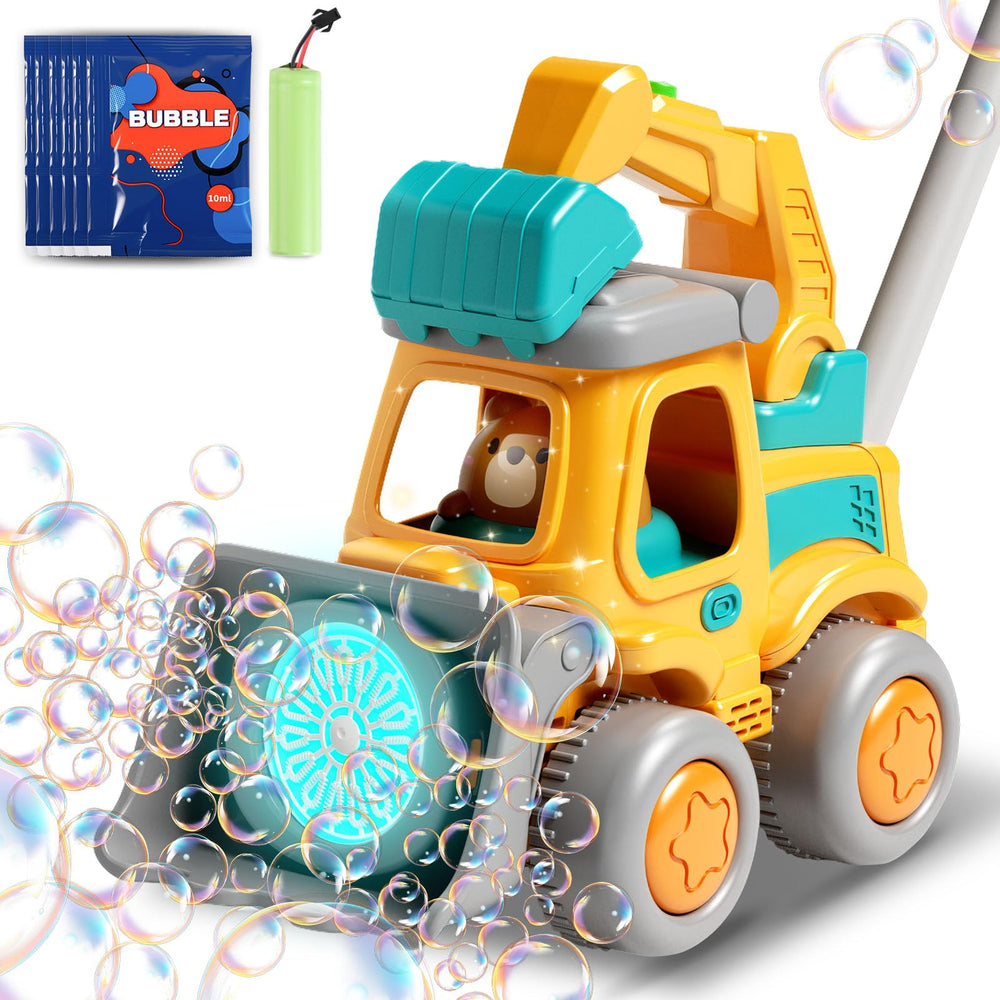 CreatiMachi bubble machine with bear-driver excavator for outdoor toddler play.