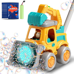 CreatiMachi bubble machine with bear-driver excavator for outdoor toddler play.