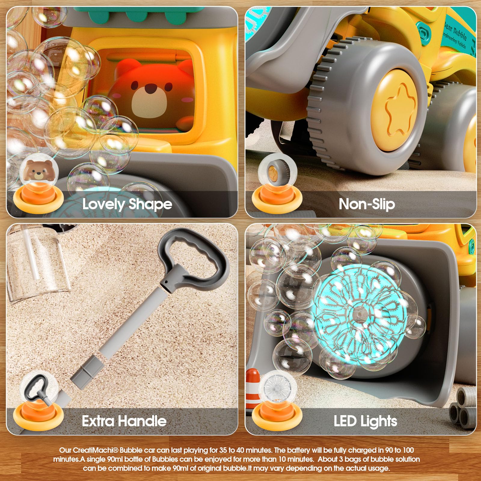 CreatiMachi lawn mower bubble toy with bright LEDs for dim spaces.