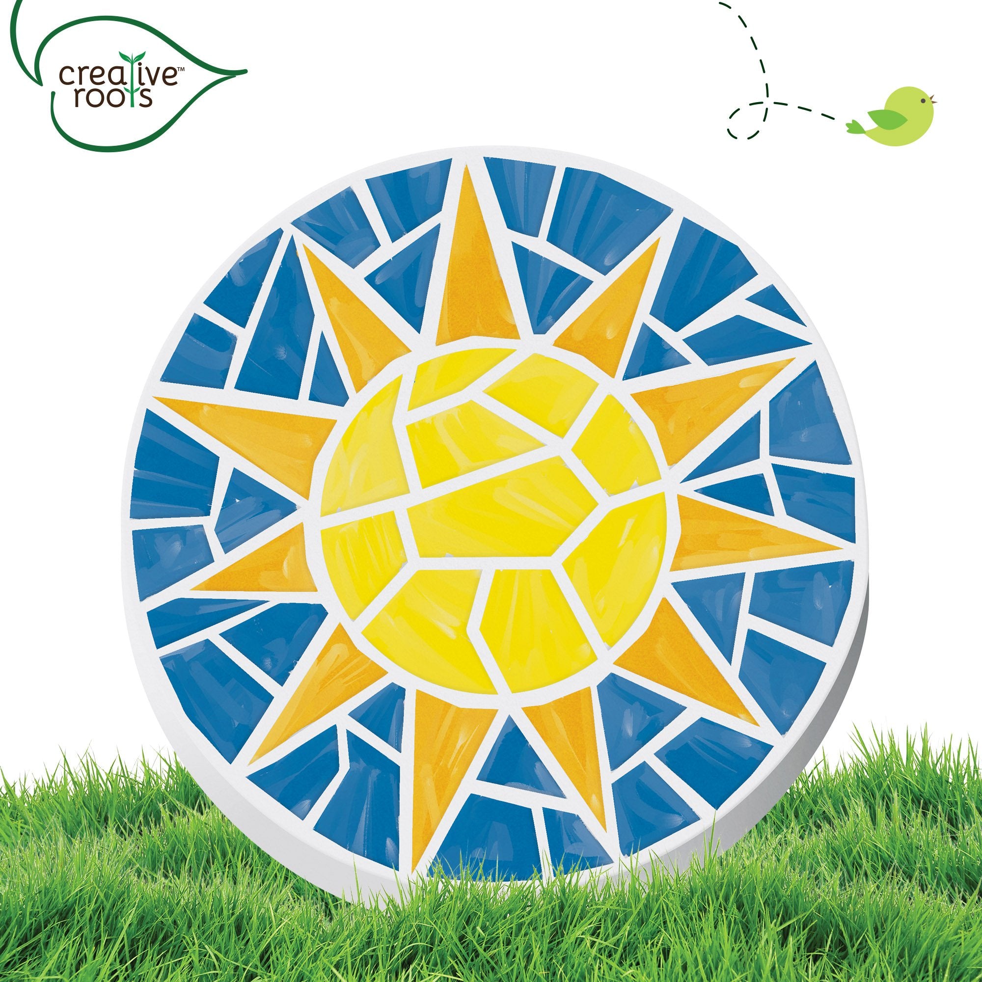 Creative Roots display-ready sun stone on shelf, plant, or garden.