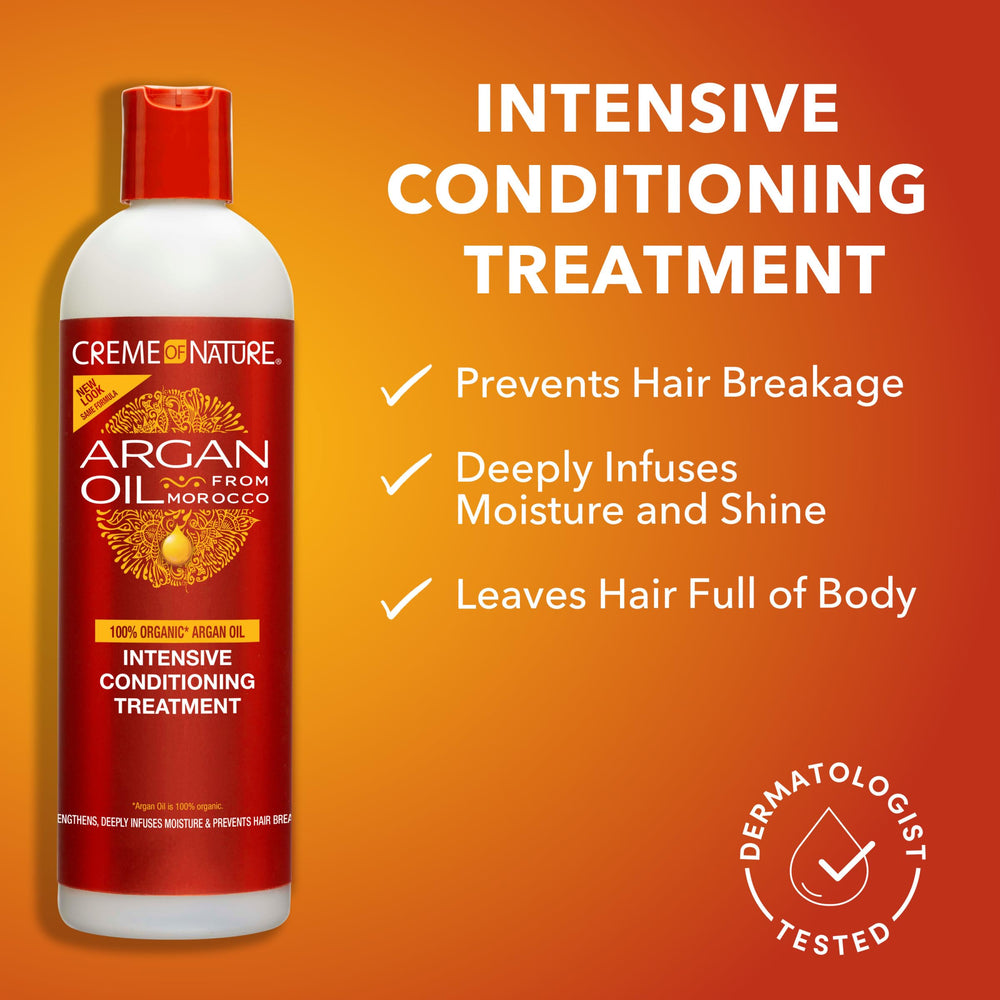 Creme of Nature Argan Oil bottle close-up highlighting Morocco-origin nourishing oil.