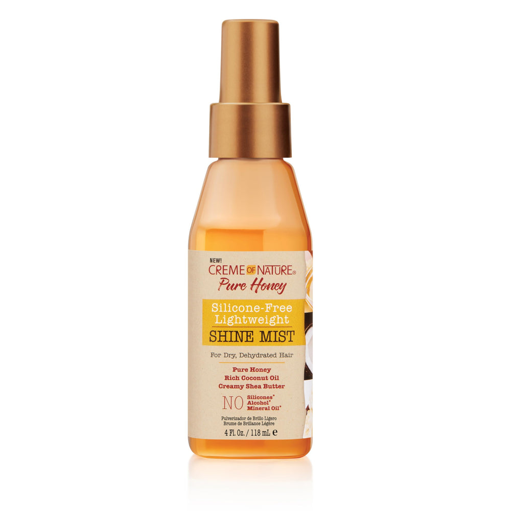 Creme of Nature Pure Honey finishing spray on hair to smooth frizz and boost shine