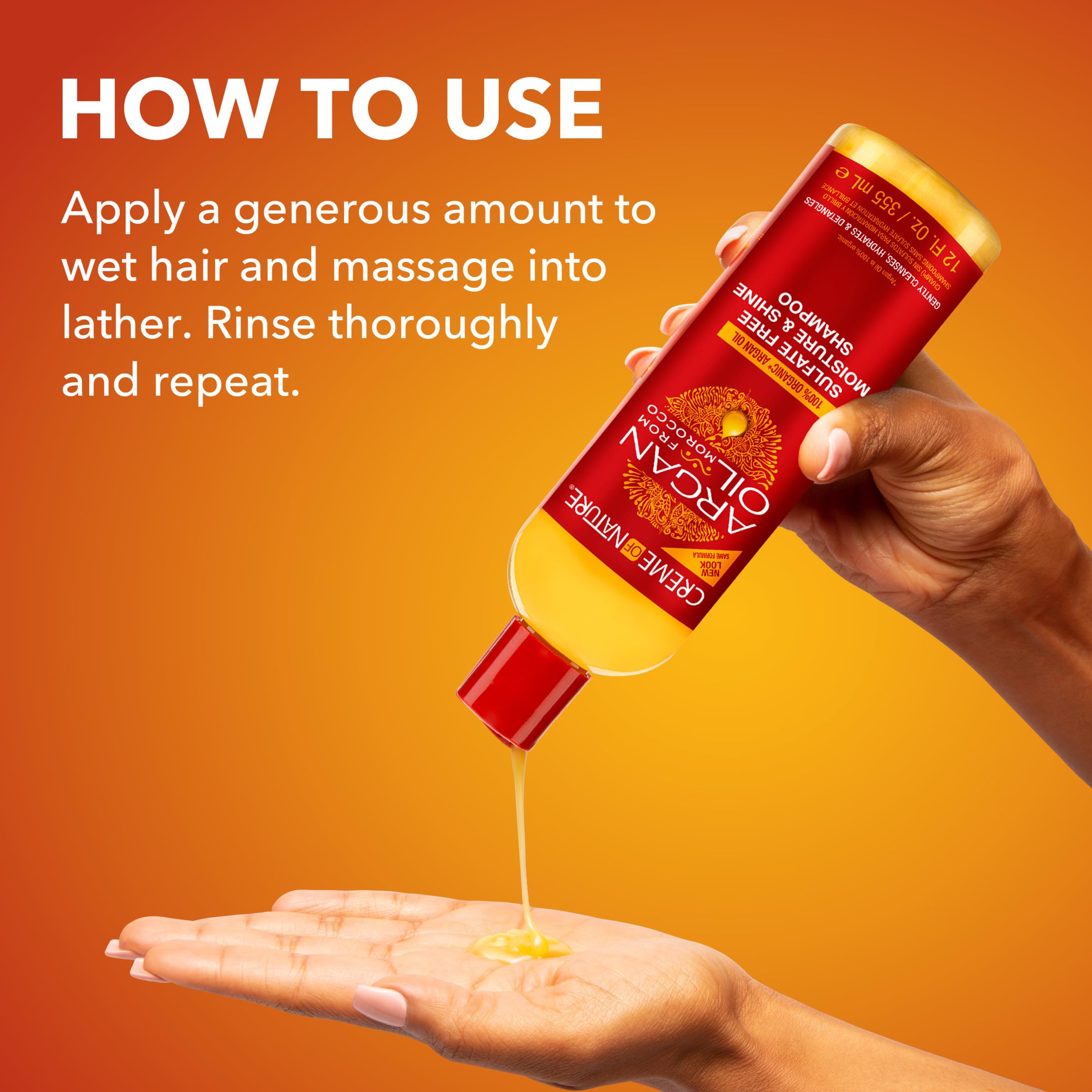 Creme of Nature Argan Oil sulfate-free shampoo being poured to create creamy lather.