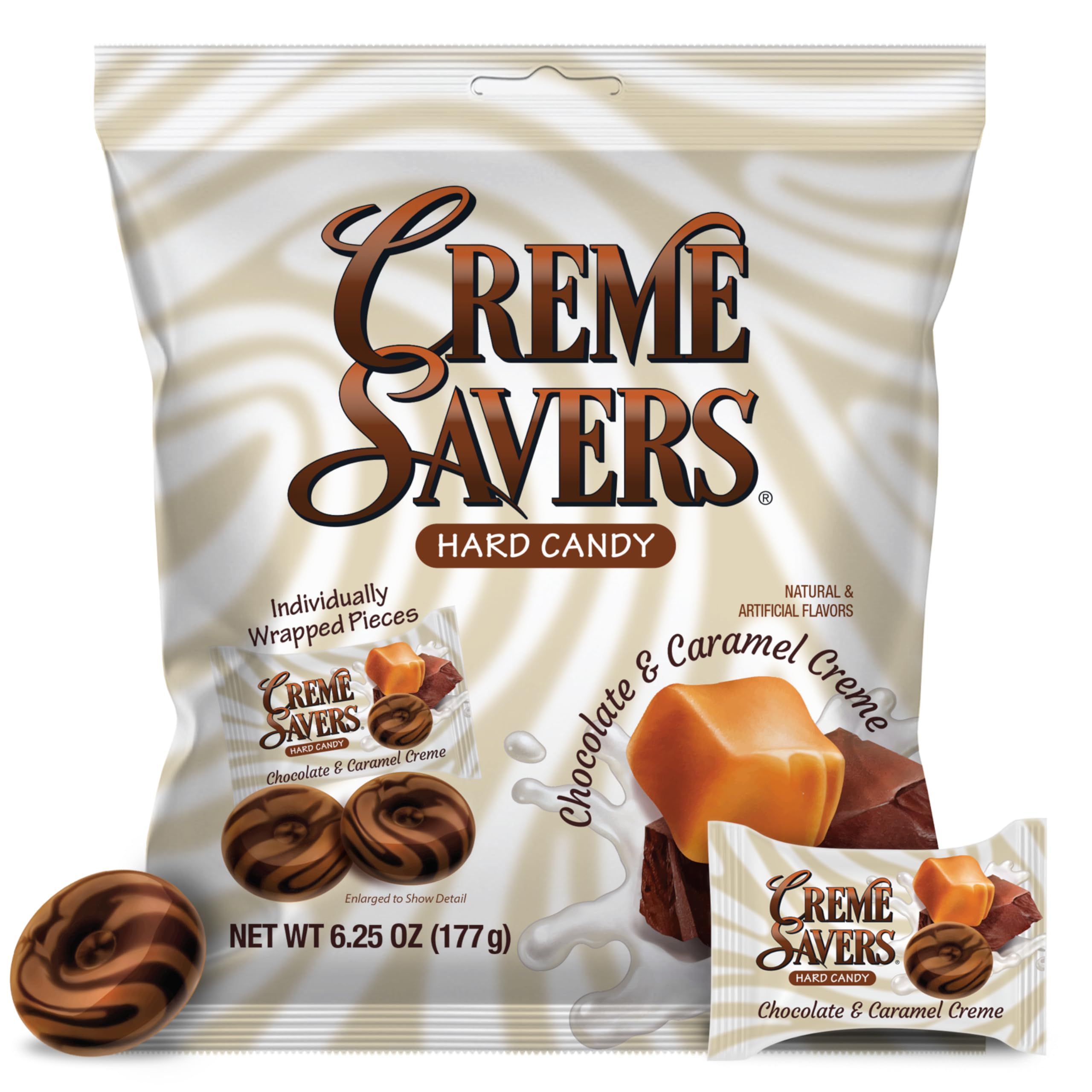 Creme Savers chocolate and caramel hard candy bag, ideal for gatherings and desk snacking.