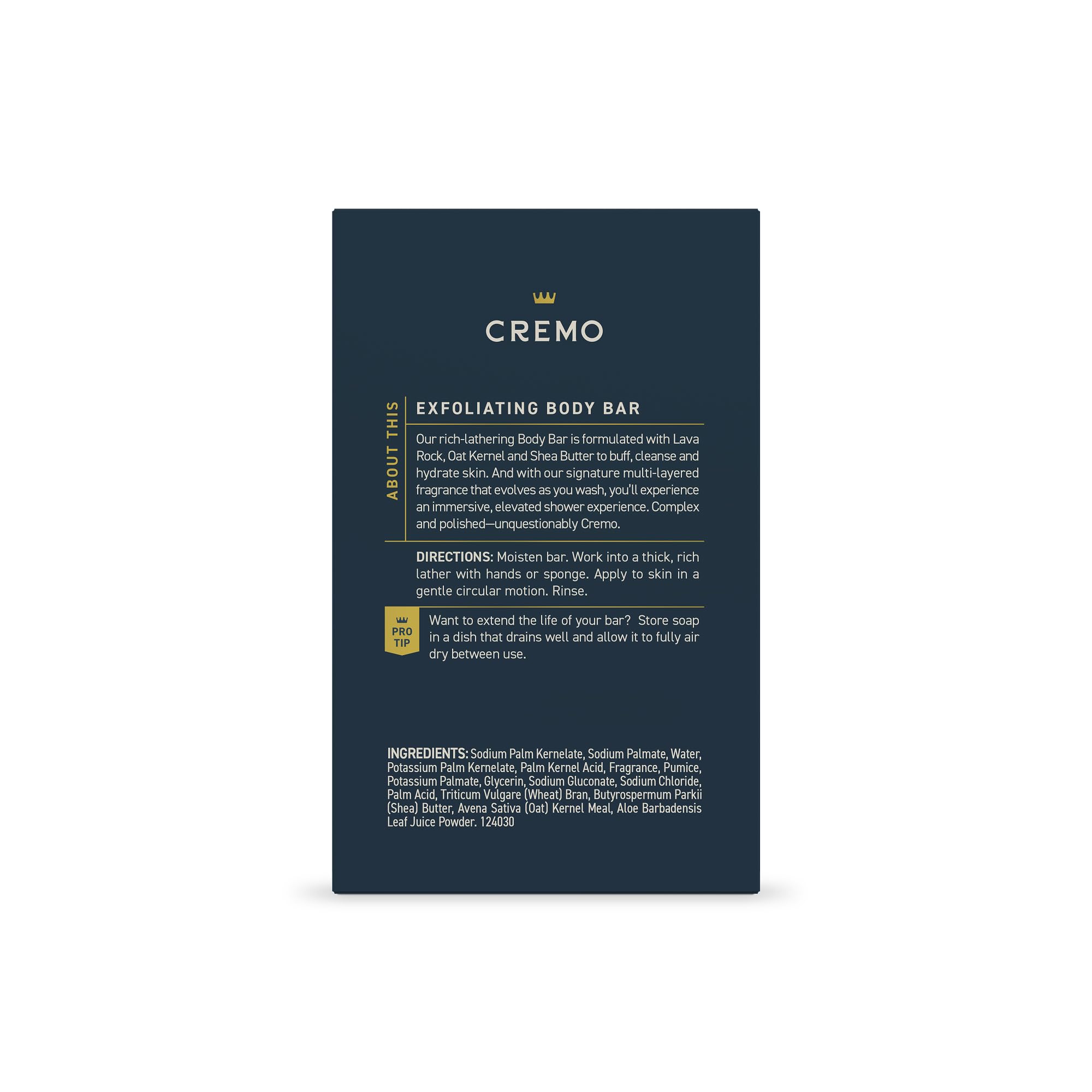 Cremo 5oz exfoliating bar with rich, creamy lather
