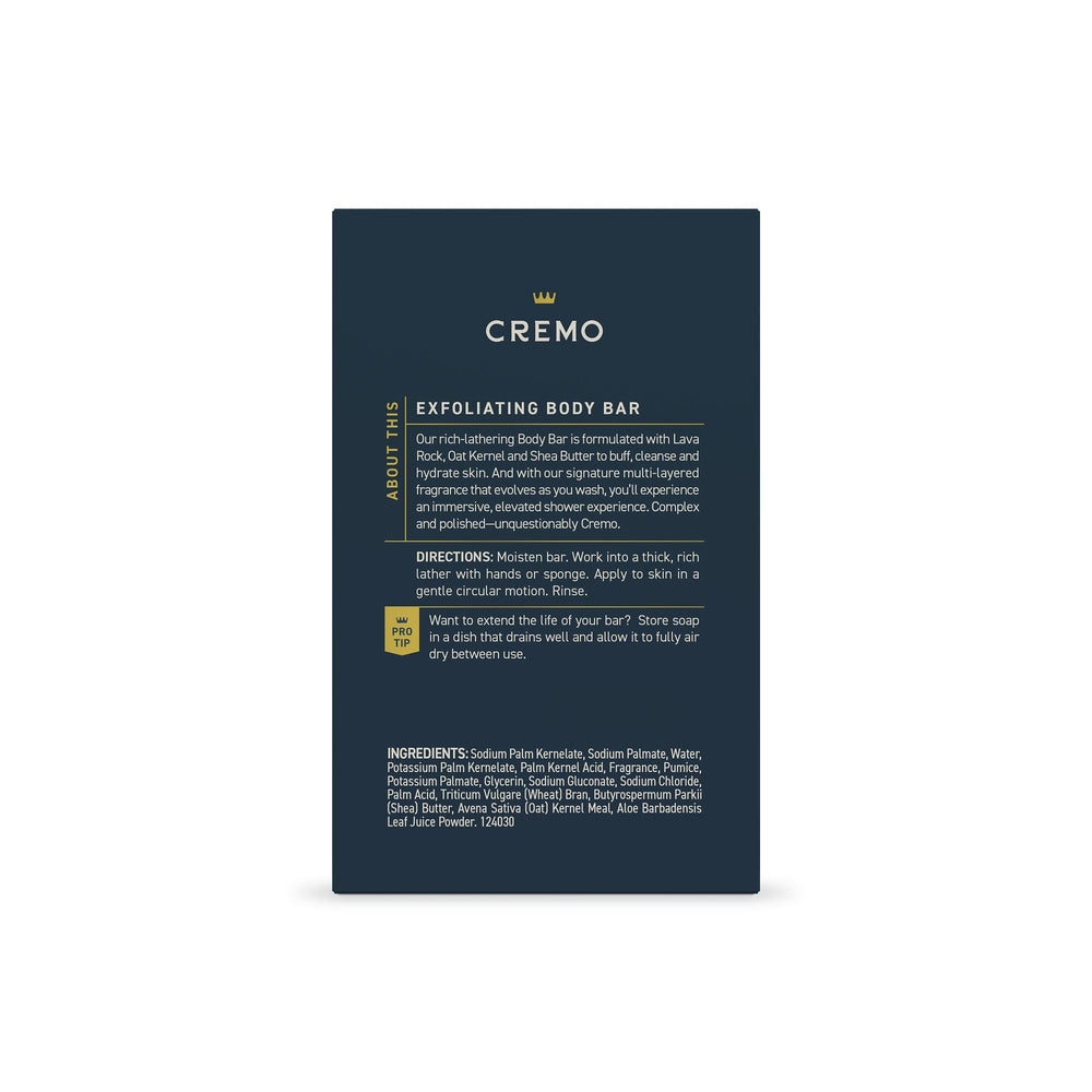 Cremo 5oz exfoliating bar with rich, creamy lather