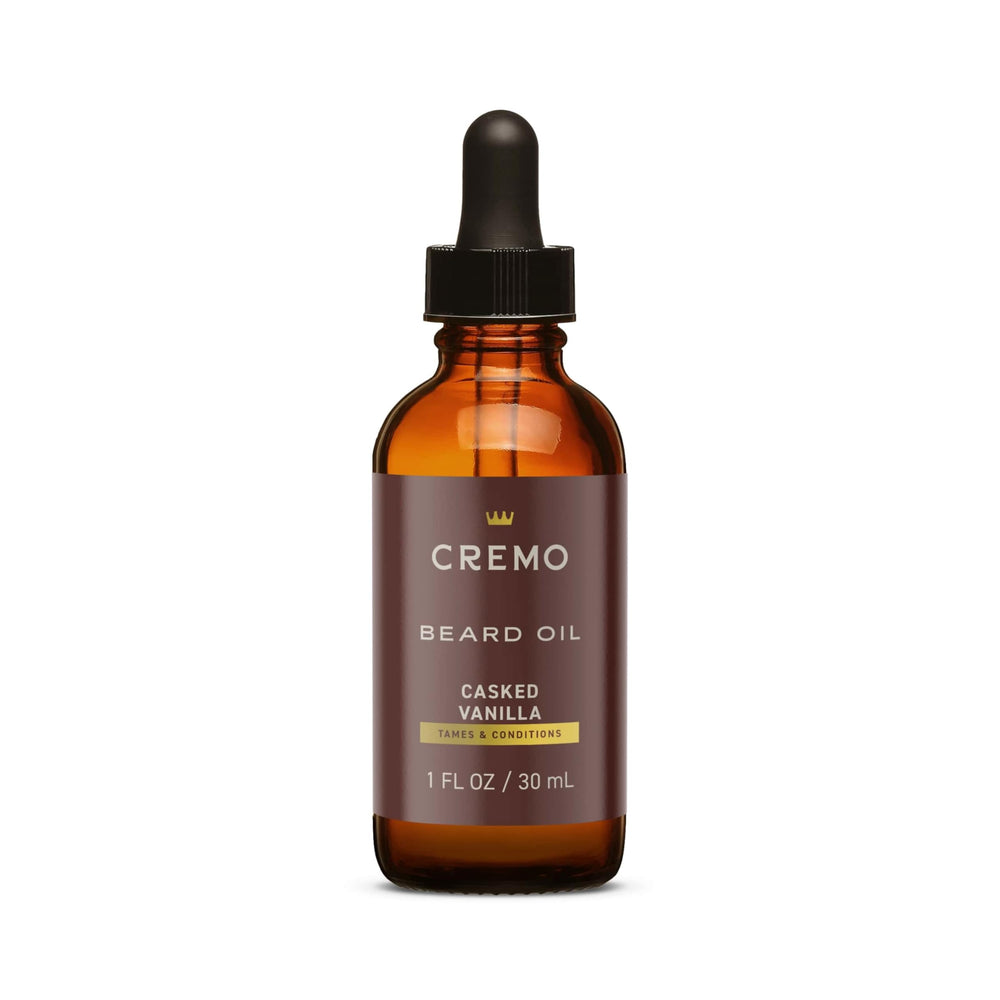 Cremo Beard Oil vanilla bottle nourishes beard and skin for daily conditioning.