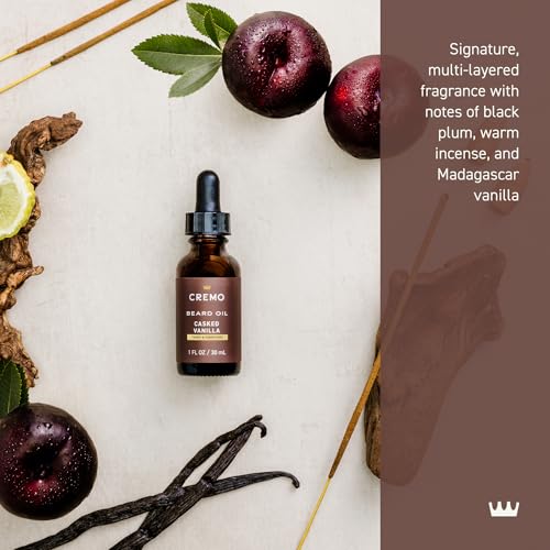 Cremo Beard Oil vanilla dropper shows hydrating formula that softens hairs.