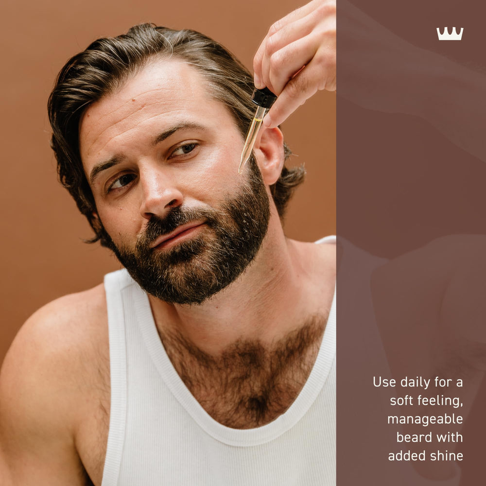 Cremo Beard Oil vanilla massage highlights soothing skin beneath the beard.
