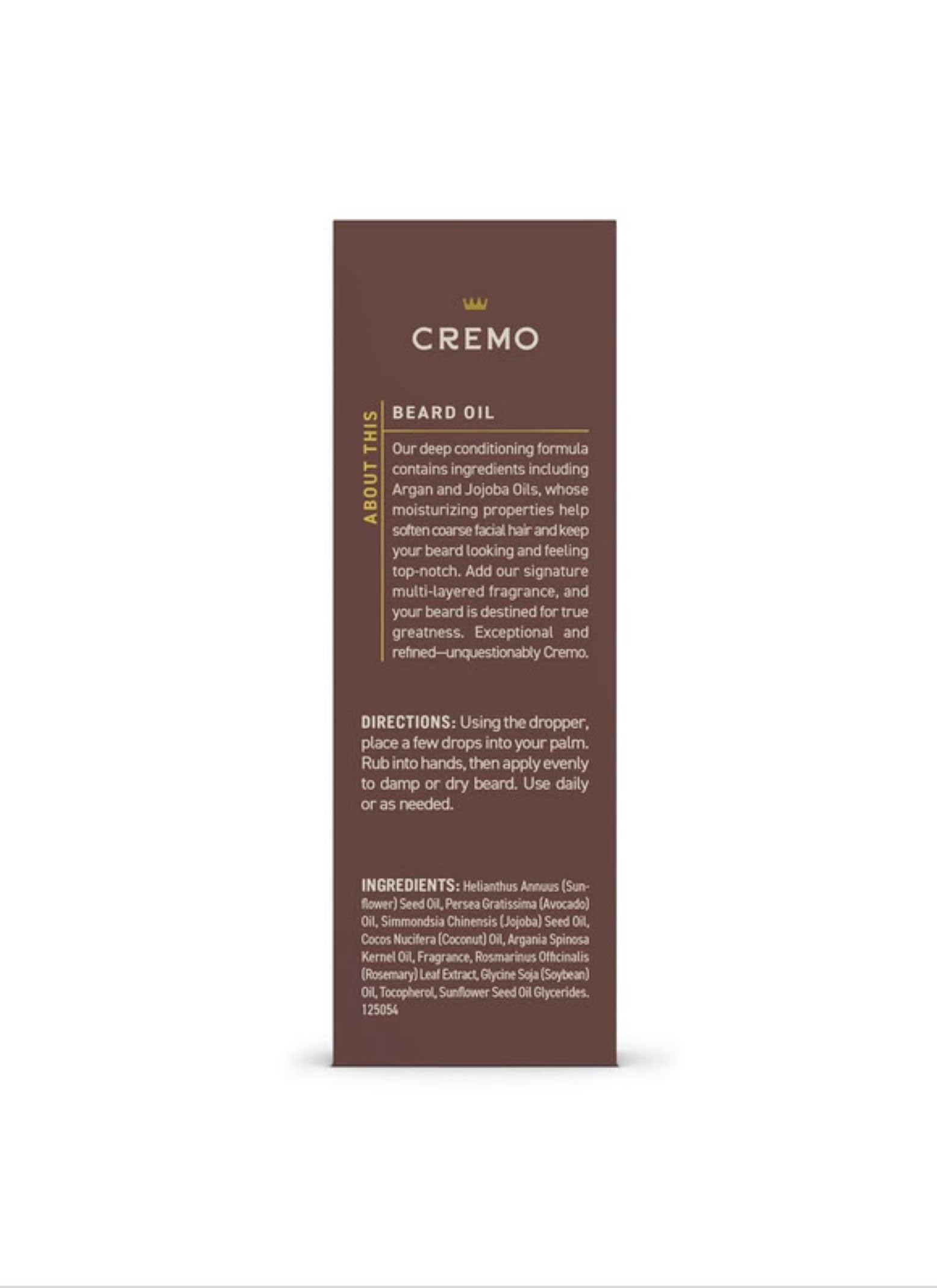 Cremo Beard Oil vanilla texture closeup showcases natural argan and jojoba shine.